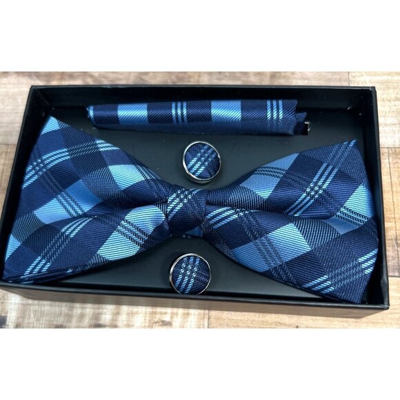 Elegant Blue Plaid Bow Tie Set With Cufflinks & Pocket Square By Retreez - Picture 3 of 3